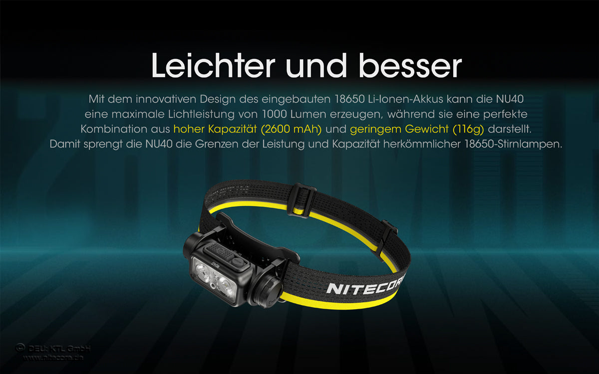 Nitecore NU40 - Stirnlampe 1000 Lumen | USB-C | Akku 2600mAh